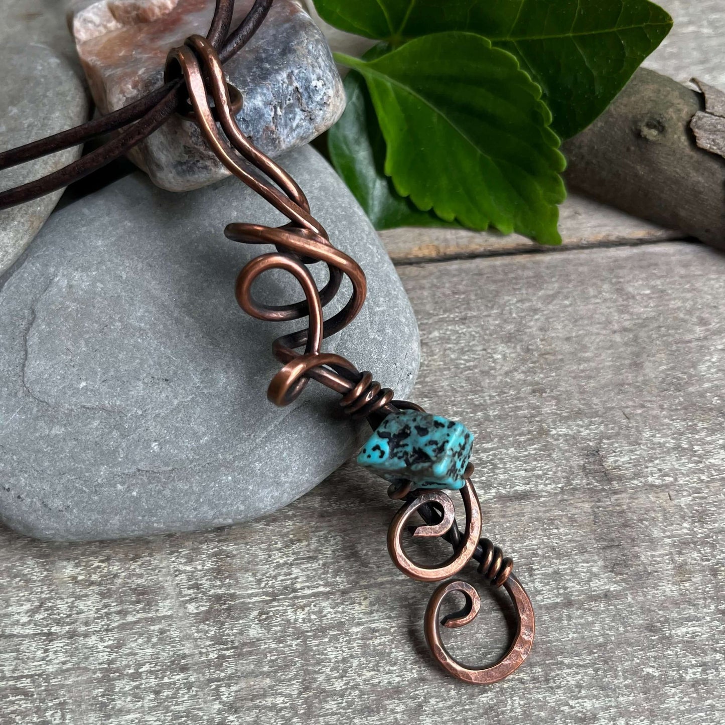 Swirling Copper Pendant Necklace with Turquoise