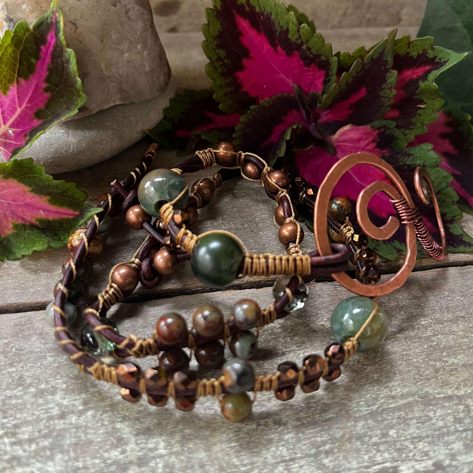 View of the beaded part of the Triple Wrap Beaded Bracelet with Swirl closure