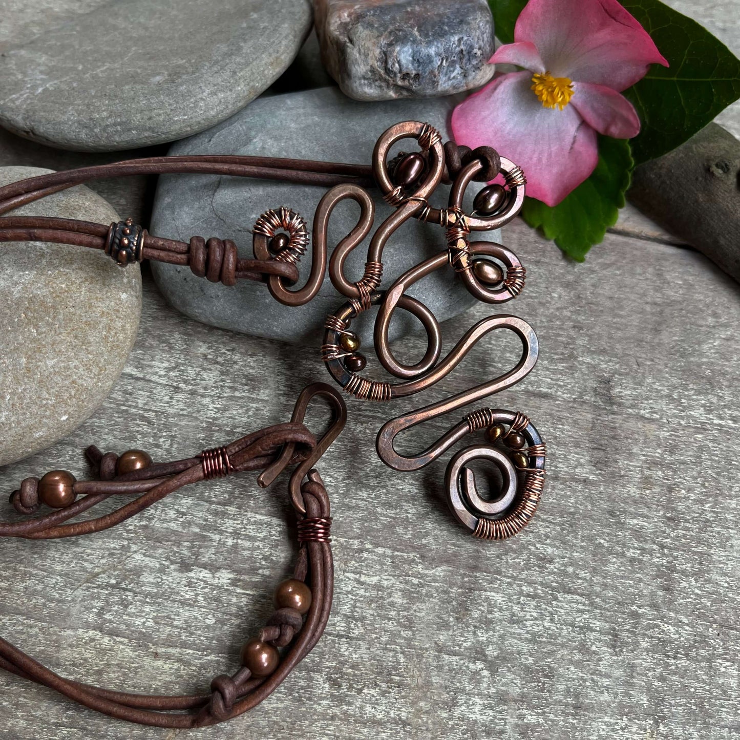 Large Copper Swirl Necklace with Brown Pearls