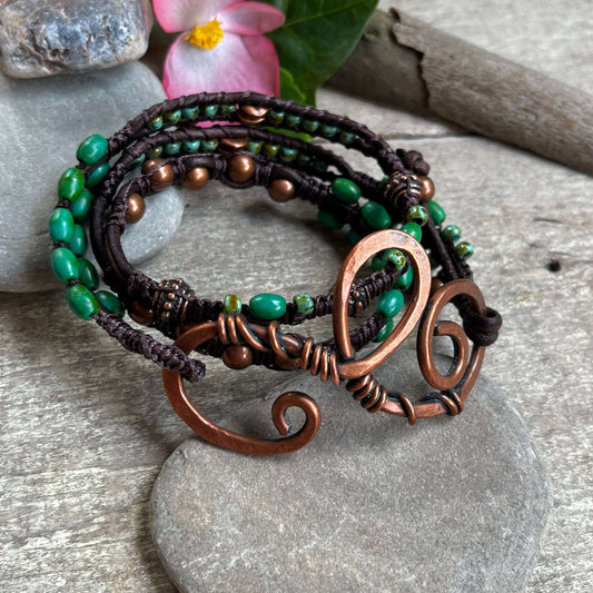 Joy - Triple Wrap Beaded Wrap Bracelet with Copper Swirl Closure