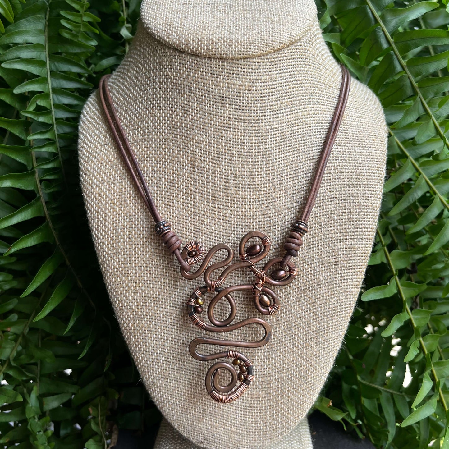 Large Copper Swirl Necklace with Brown Pearls