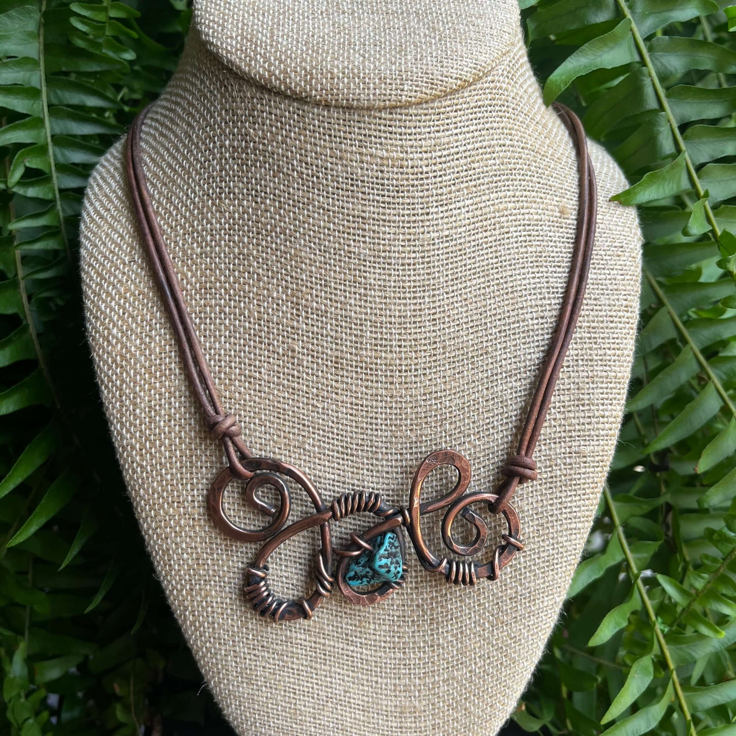 Swirling Copper Dreams Necklace with Turquoise on Leather