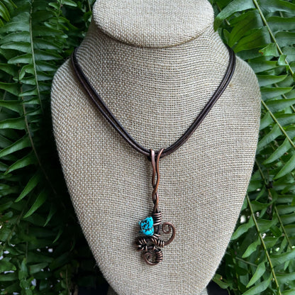 Long Copper Pendant Necklace with Wire Wrapped Turquoise on Leather