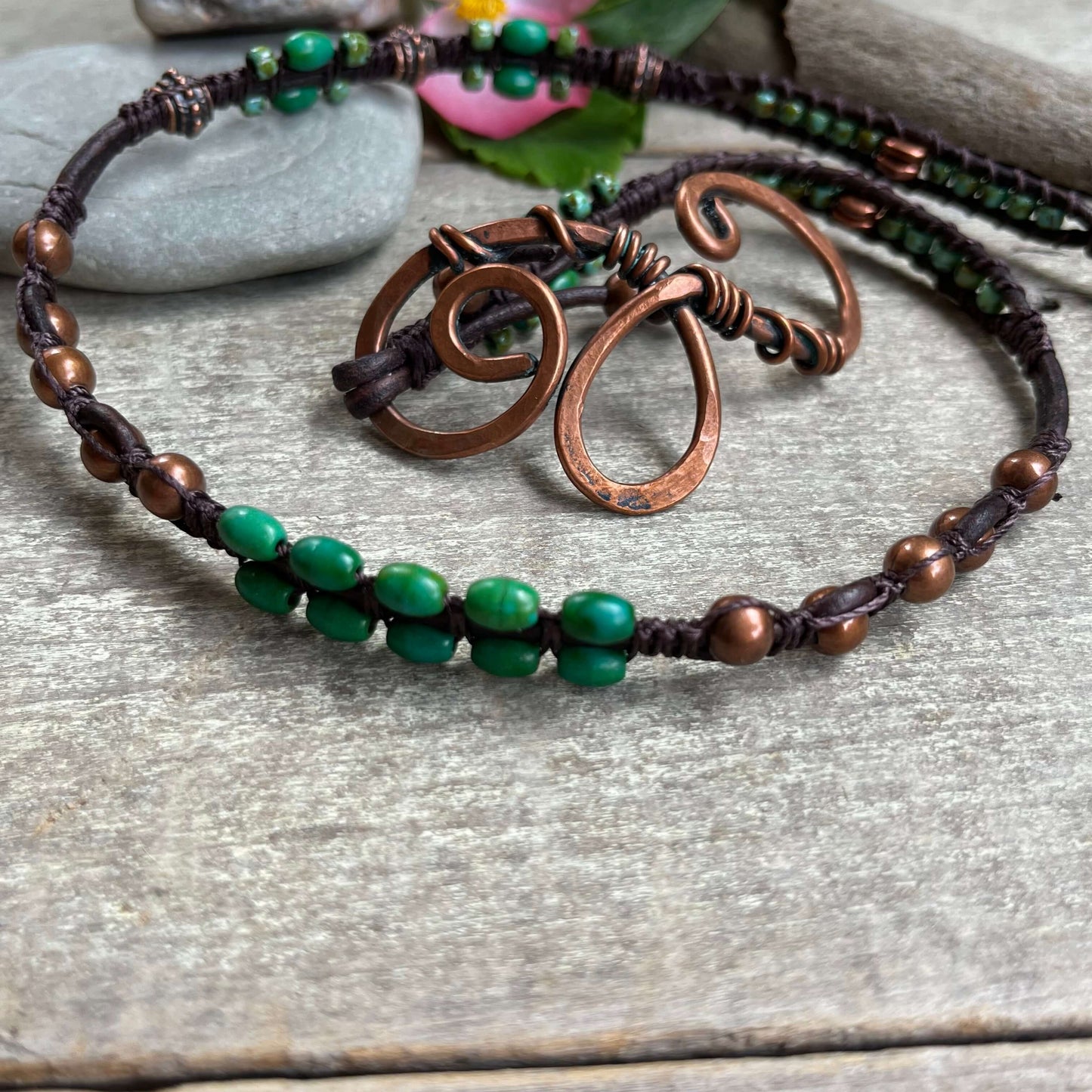 Joy - Triple Wrap Beaded Wrap Bracelet with Copper Swirl Closure