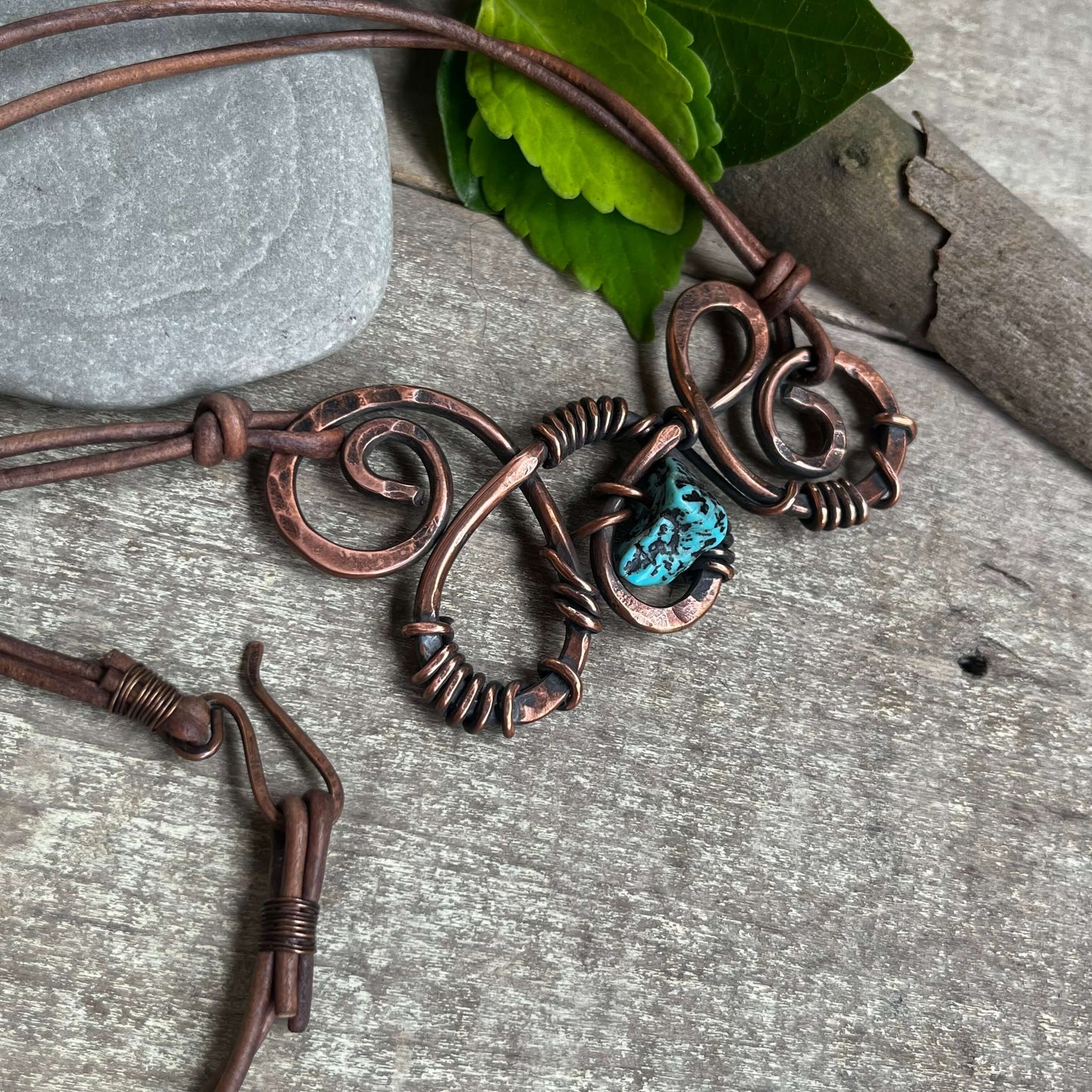 Swirling Copper Dreams Necklace with Turquoise on Leather