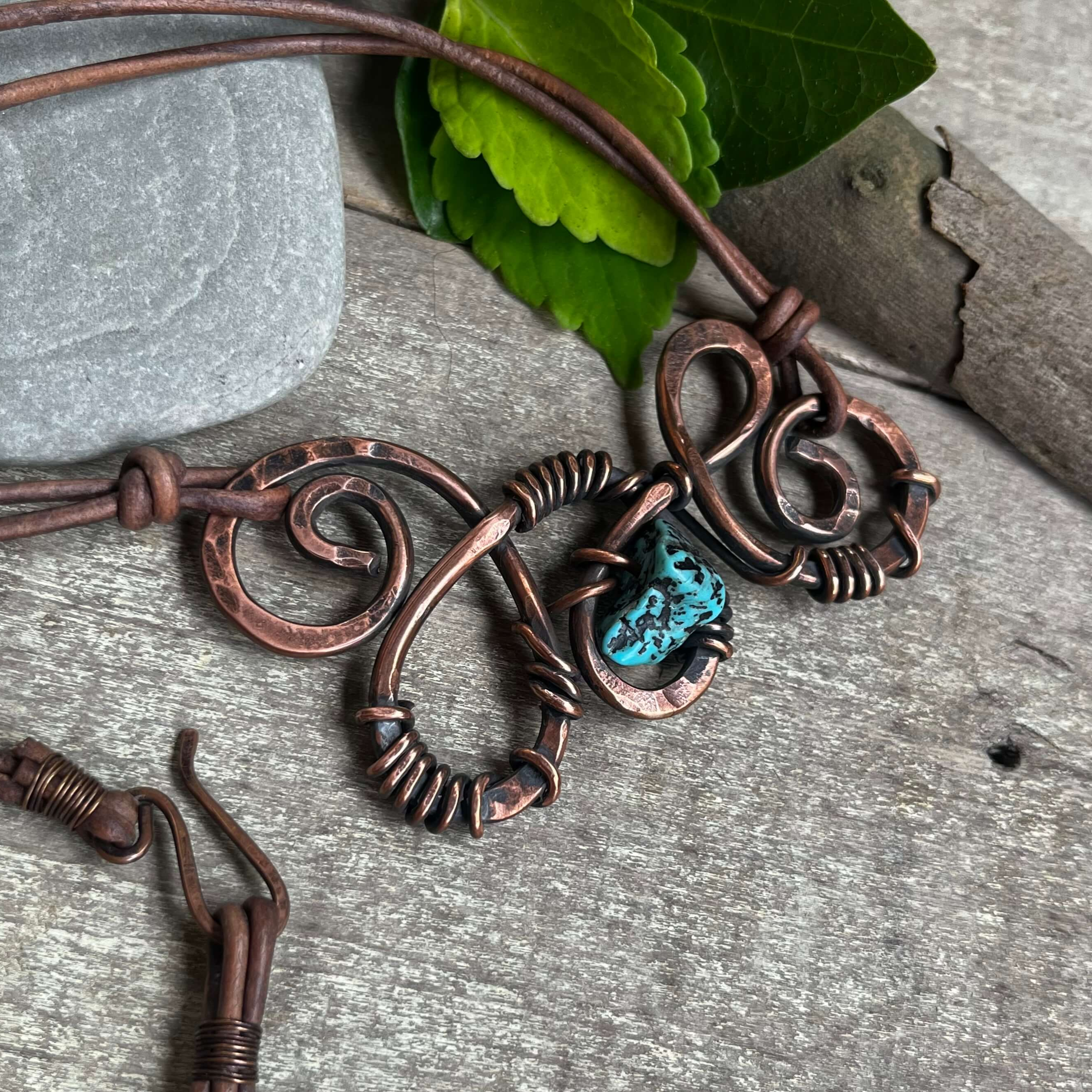 copper swirl necklace with turquoise