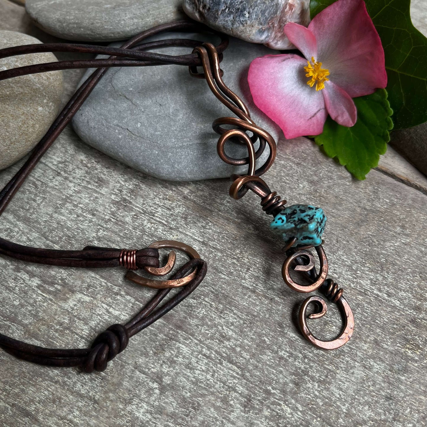 Swirling Copper Pendant Necklace with Turquoise