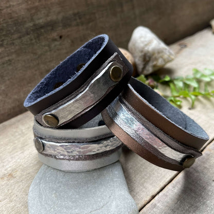 Leather Cuff Bracelet with Aluminum Band