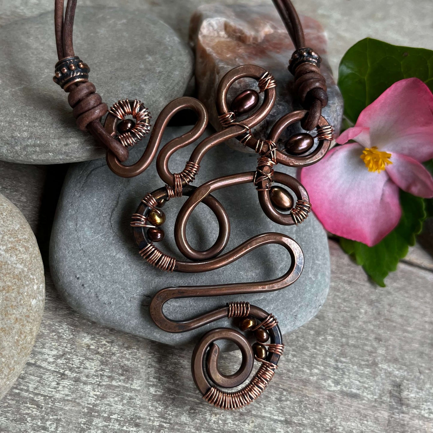 Large Copper Swirl Necklace with Brown Pearls