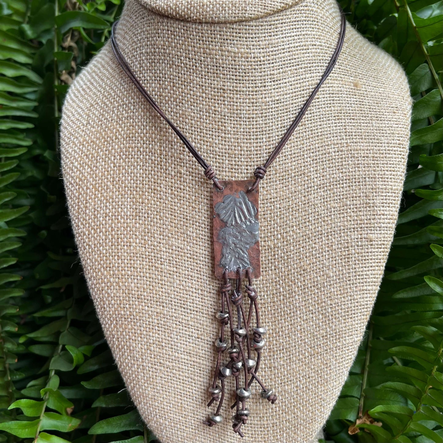 Copper & Silver Pendant with Leather Fringe on bust