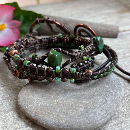 Serenity - Triple Wrap Beaded Bracelet with Copper Swirl Closure