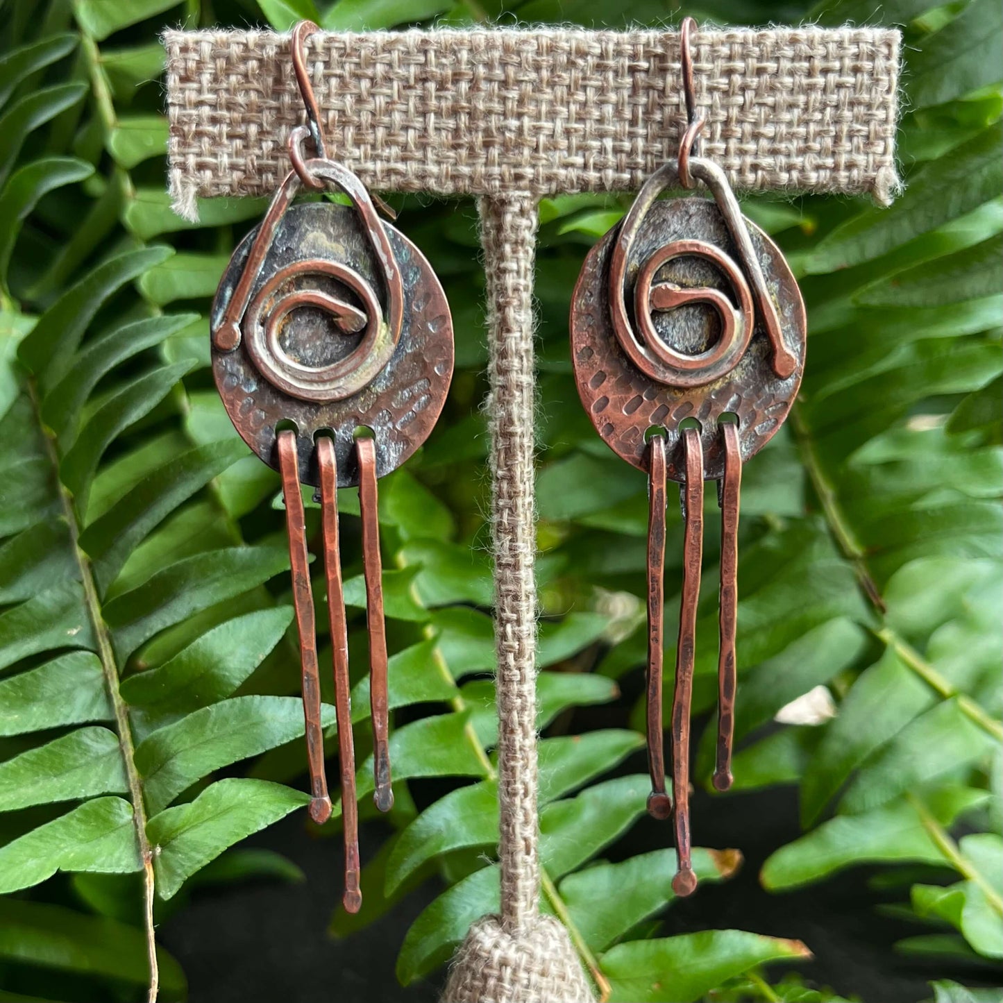 Copper fringe circle earrings hanging