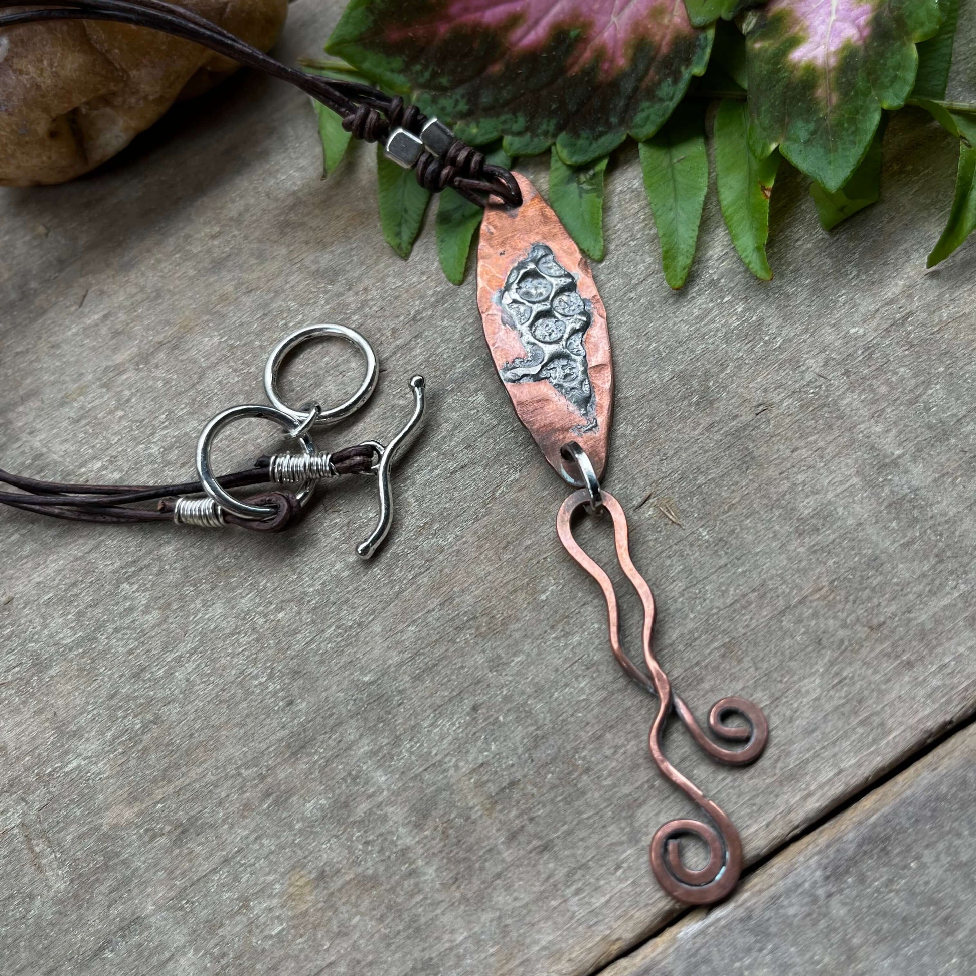 Mixed Metal Copper Silver Pendant with leaf