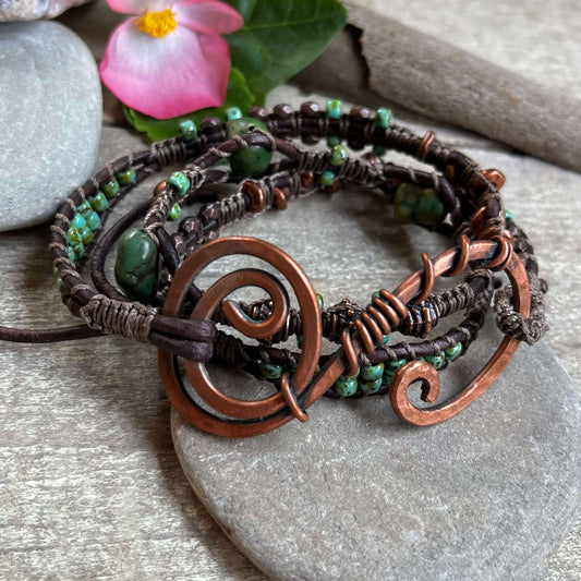 Serenity - Triple Wrap Beaded Bracelet with Copper Swirl Closure