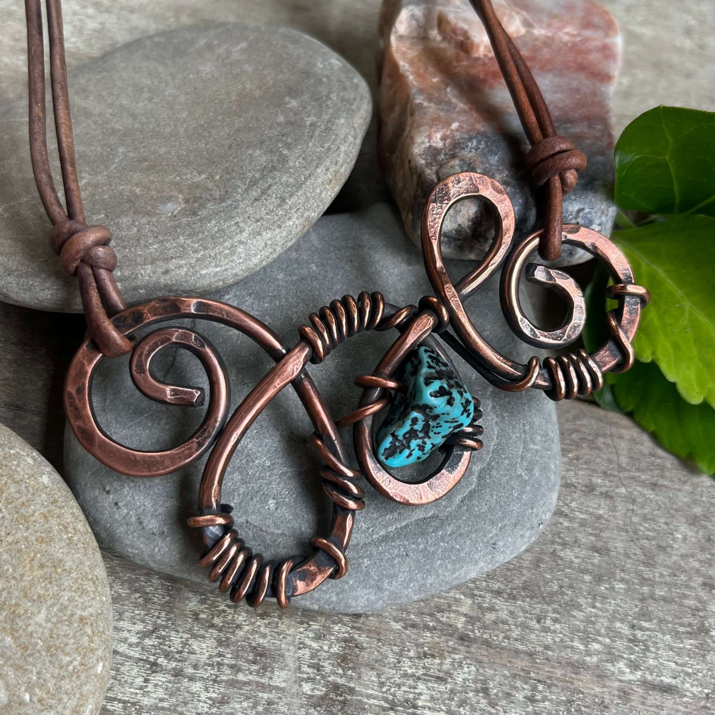 Swirling Copper Dreams Necklace with Turquoise on Leather