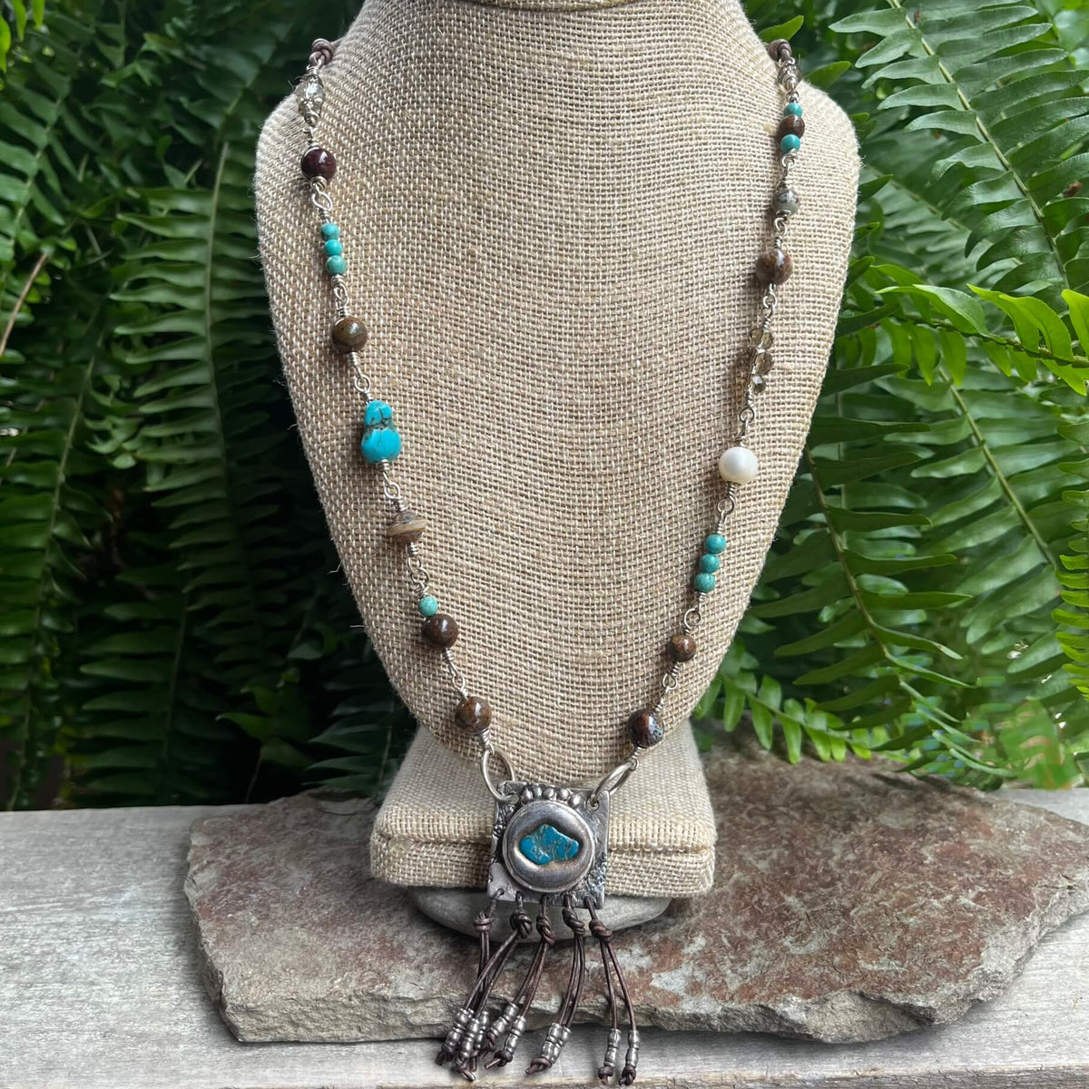 Sterling Silver and Turquoise Wire Wrapped and Beaded Necklace