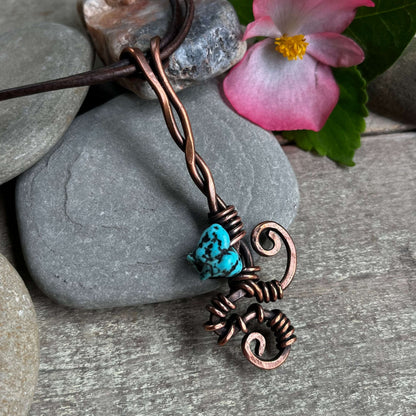 Long Copper Pendant Necklace with Wire Wrapped Turquoise on Leather