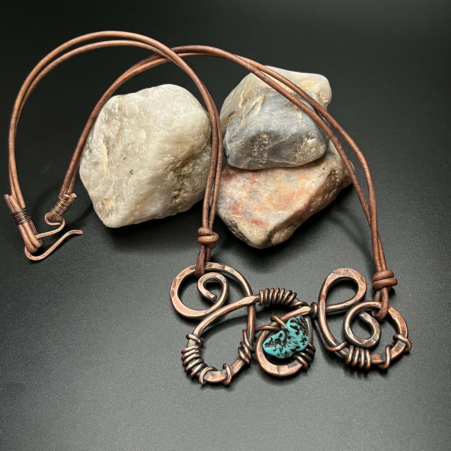 Swirling Copper Dreams Necklace with Turquoise on Leather