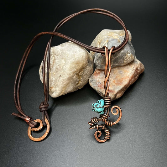 Long Copper Pendant Necklace with Wire Wrapped Turquoise on Leather