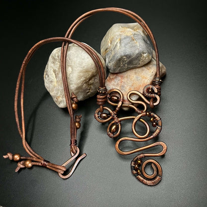 Large Copper Swirl Necklace with Brown Pearls