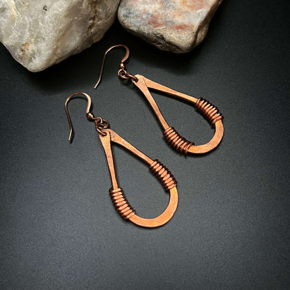 copper loop earrings with wire wrapping