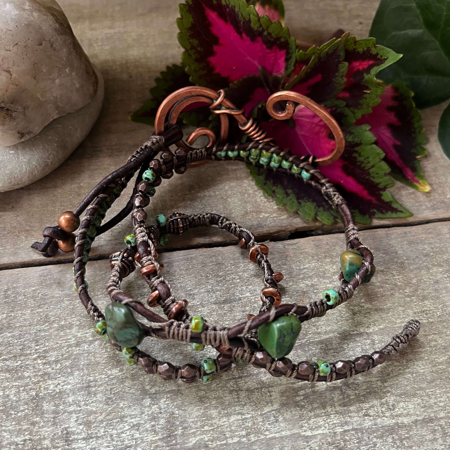 Serenity - Triple Wrap Beaded Bracelet with Copper Swirl Closure