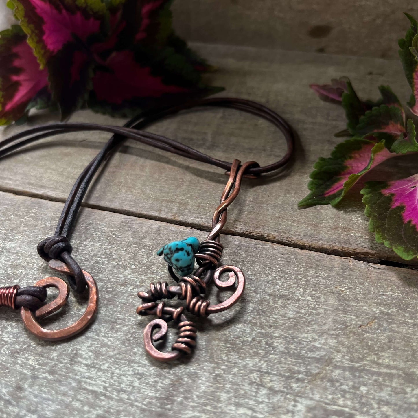 Long Copper Pendant Necklace with Wire Wrapped Turquoise on Leather