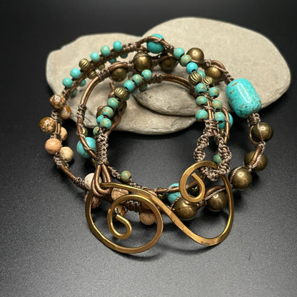 Triple Wrap Beaded Bracelet with Brass Swirl Closure