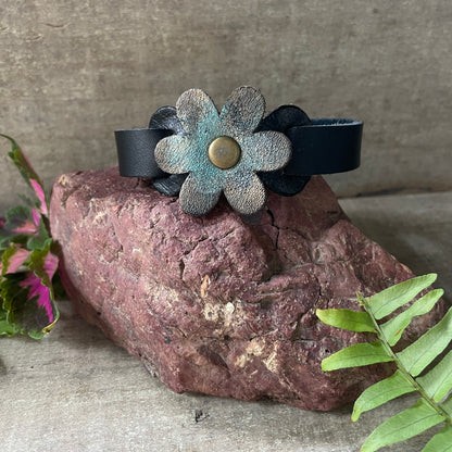 Leather Flower Cuff Bracelet with Brass Rivets