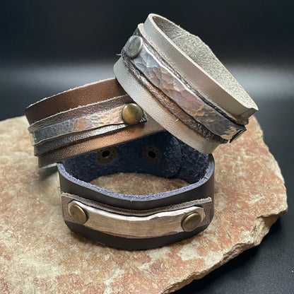 Leather Cuff Bracelet with Aluminum Band