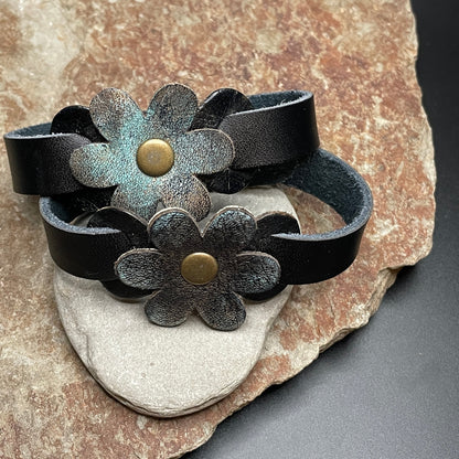 Leather Flower Cuff Bracelet with Brass Rivets