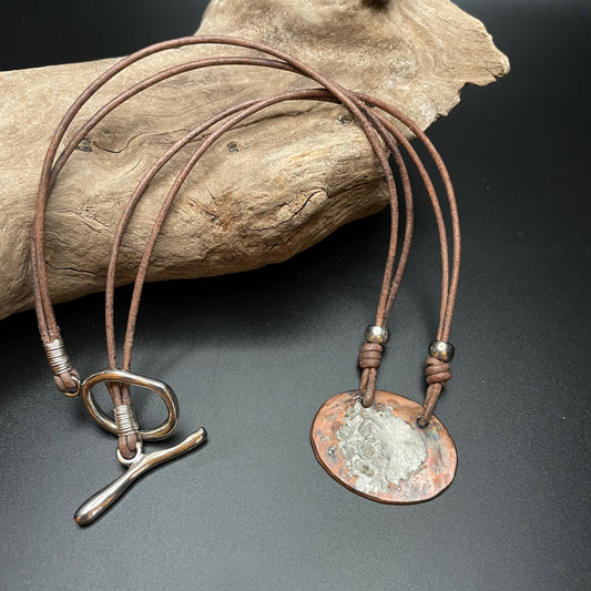 Simple Oval Copper and Silver Solder Necklace on Leather