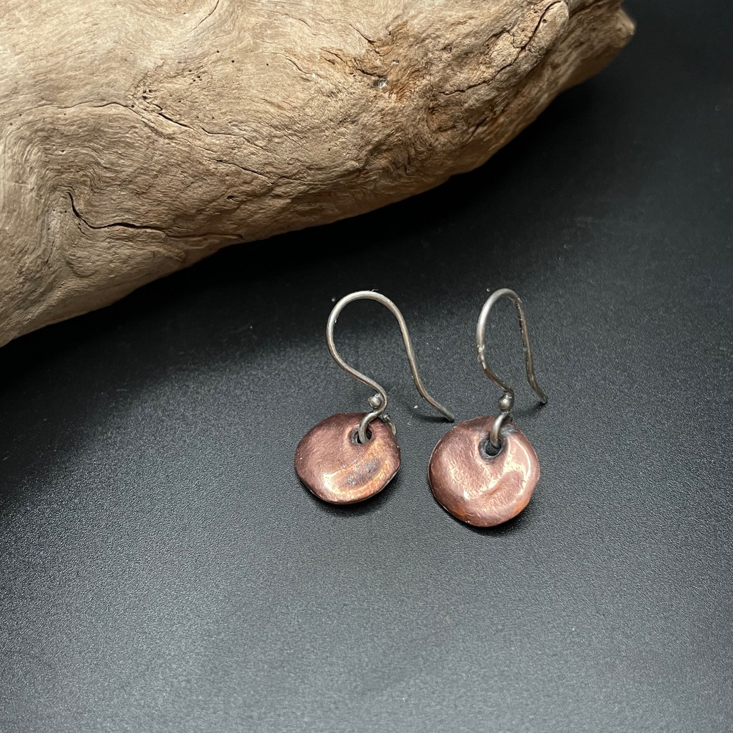 Copper coin earrings with drift wood