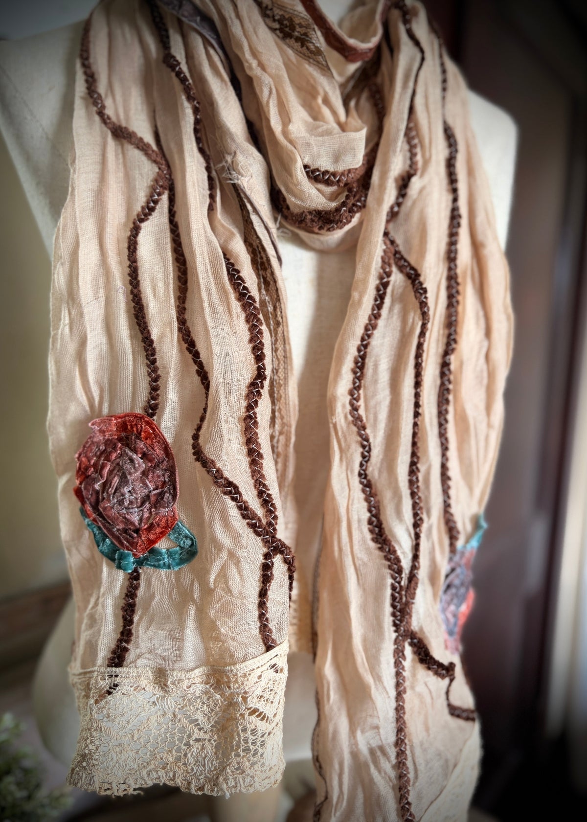 just another view of the vintage inspired scarf with rose accent