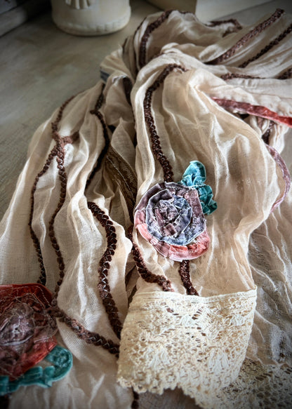 close up of off White vintage inspired scarf
