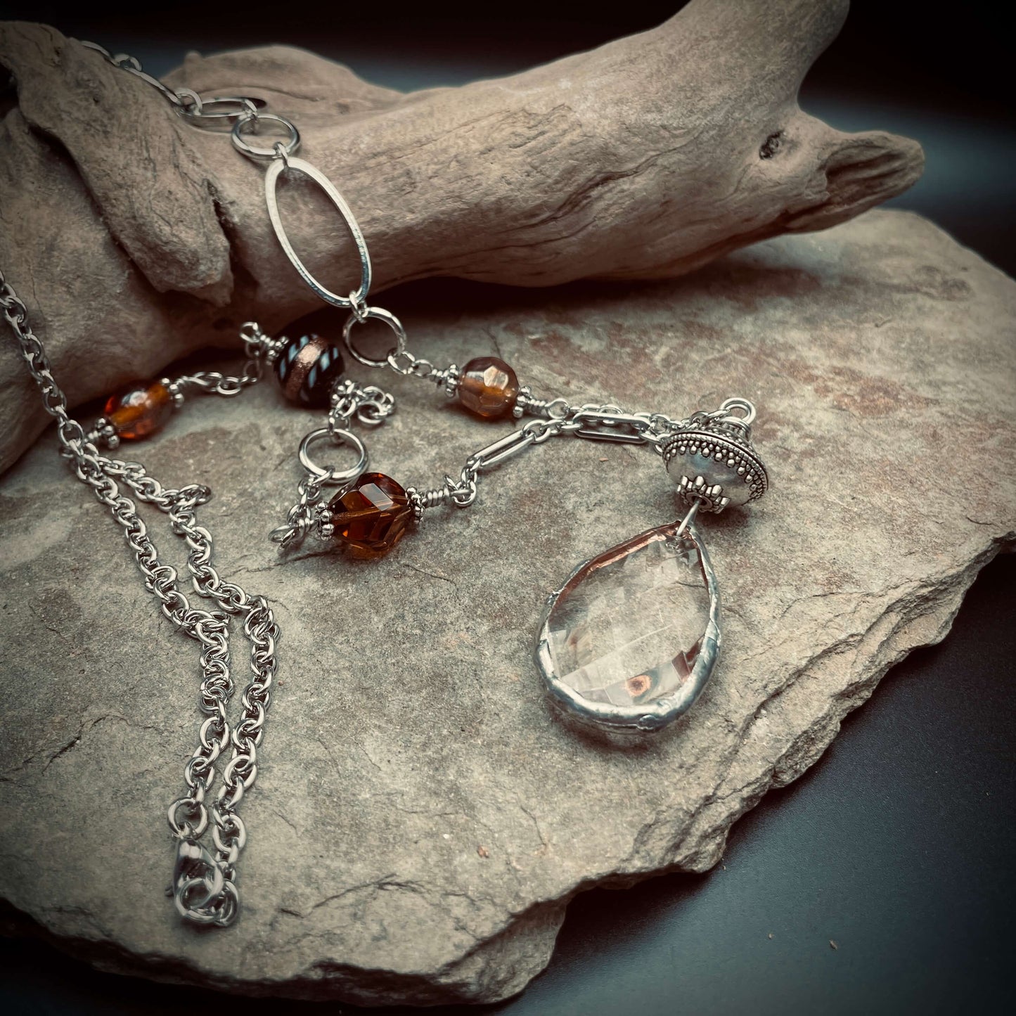 Crystal necklace with brown glass beads