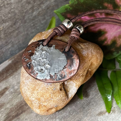 Simple Oval Copper and Silver Solder Necklace on Leather