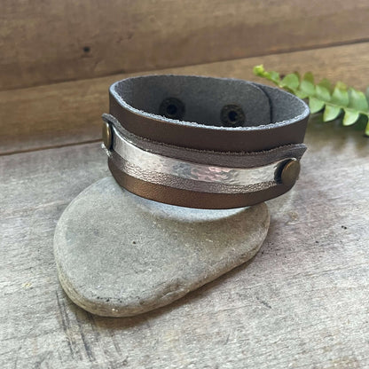 Leather Cuff Bracelet with Aluminum Band