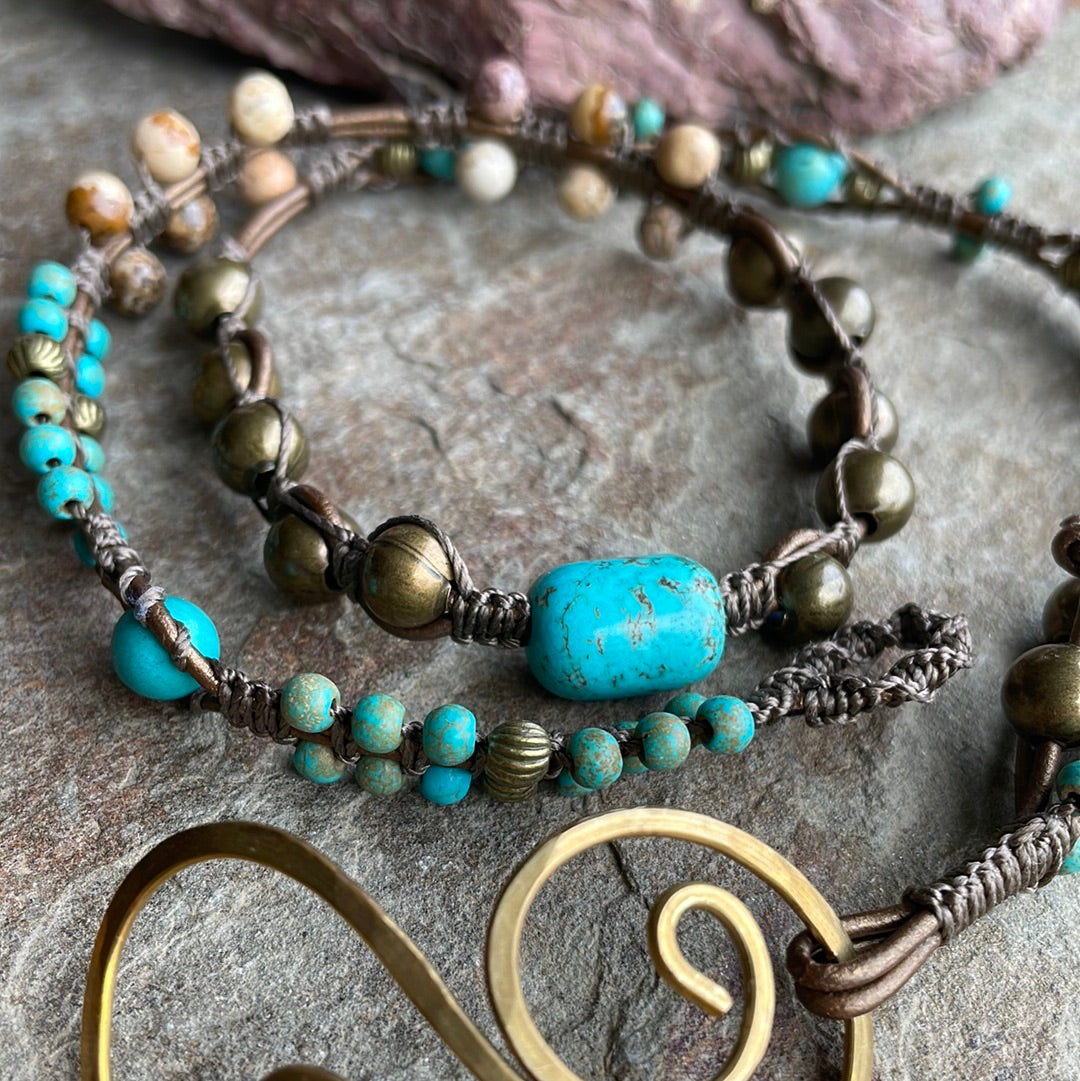 Triple Wrap Beaded Bracelet with Brass Swirl Closure