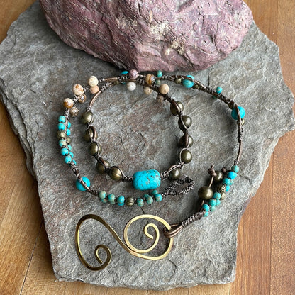 Triple Wrap Beaded Bracelet with Brass Swirl Closure