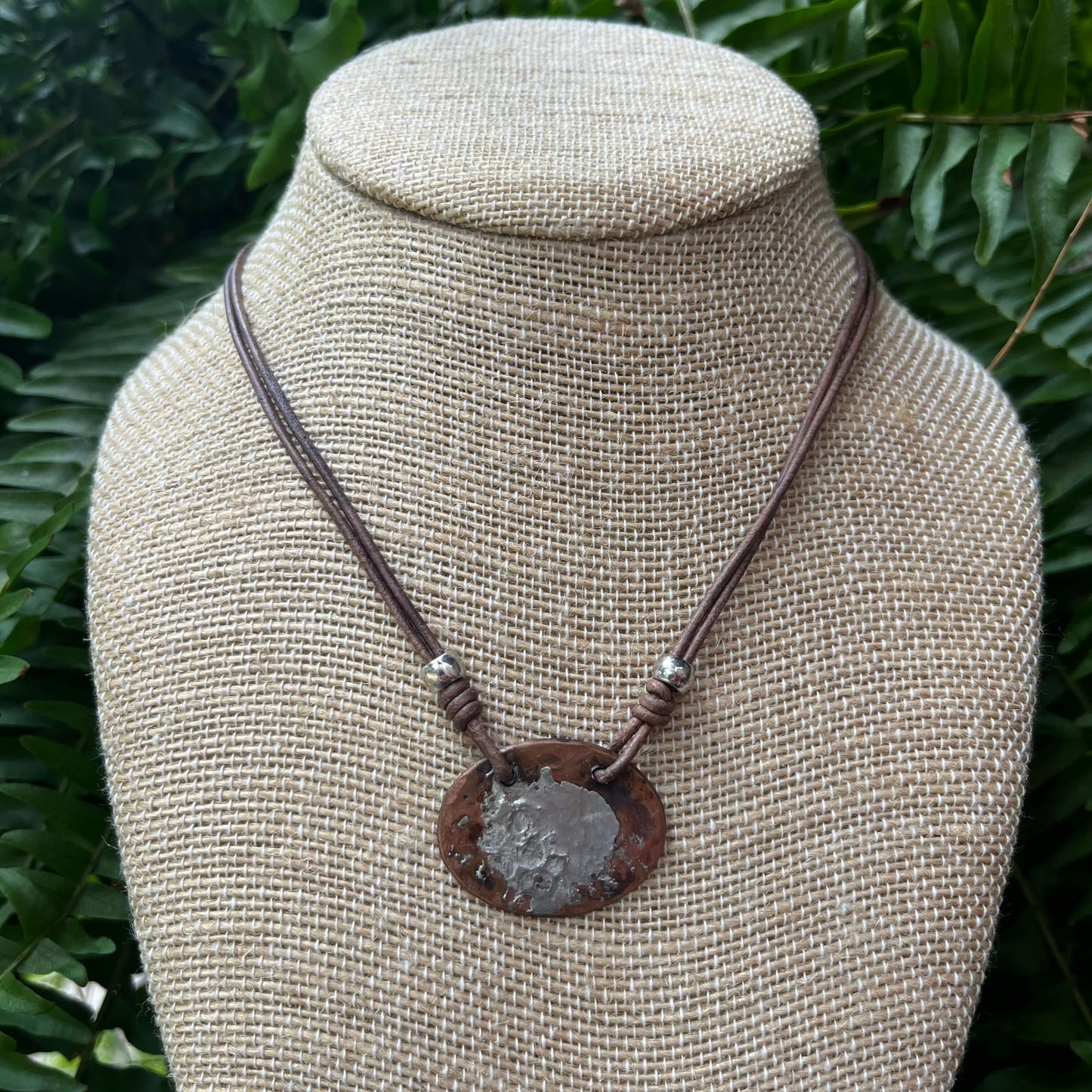 Simple Oval Copper and Silver Solder Necklace on Leather