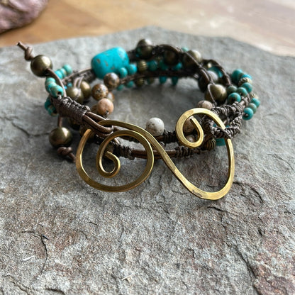 Triple Wrap Beaded Bracelet with Brass Swirl Closure