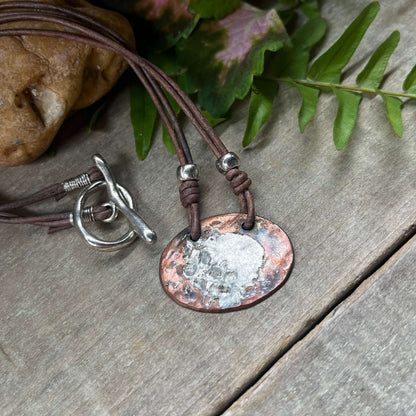 Simple Oval Copper and Silver Solder Necklace on Leather